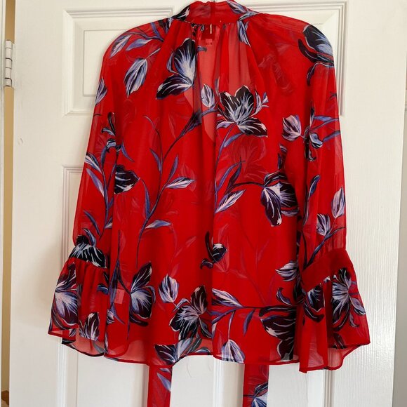 MISA Los Angeles Gracie Floral Bell Sleeve Tie Neck Semi-sheer Top Red Blouse,XS - Picture 5 of 10